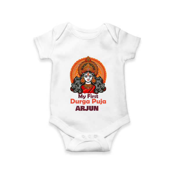 My First Durga Puja Romper | Personalized Baby Romper for Navratri - WHITE - New Born (Chest 14")