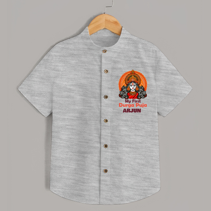 My First Durga Puja Shirt | Personalized Baby Shirt for Navratri - GREY - 0 - 6 Months Old (Chest 23")