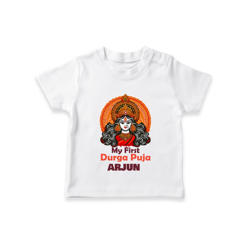 My First Durga Puja Tshirt | Personalized Baby Tshirt for Navratri - WHITE - 0-5 Months Old (Chest 17")