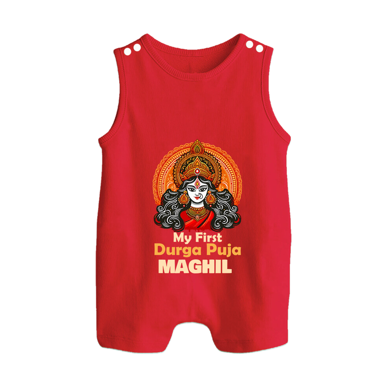 My First Durga Puja Romper Suit | Personalized Baby Romper Suit for Navratri - RED - 0 - 5 Months Old (Chest 18")