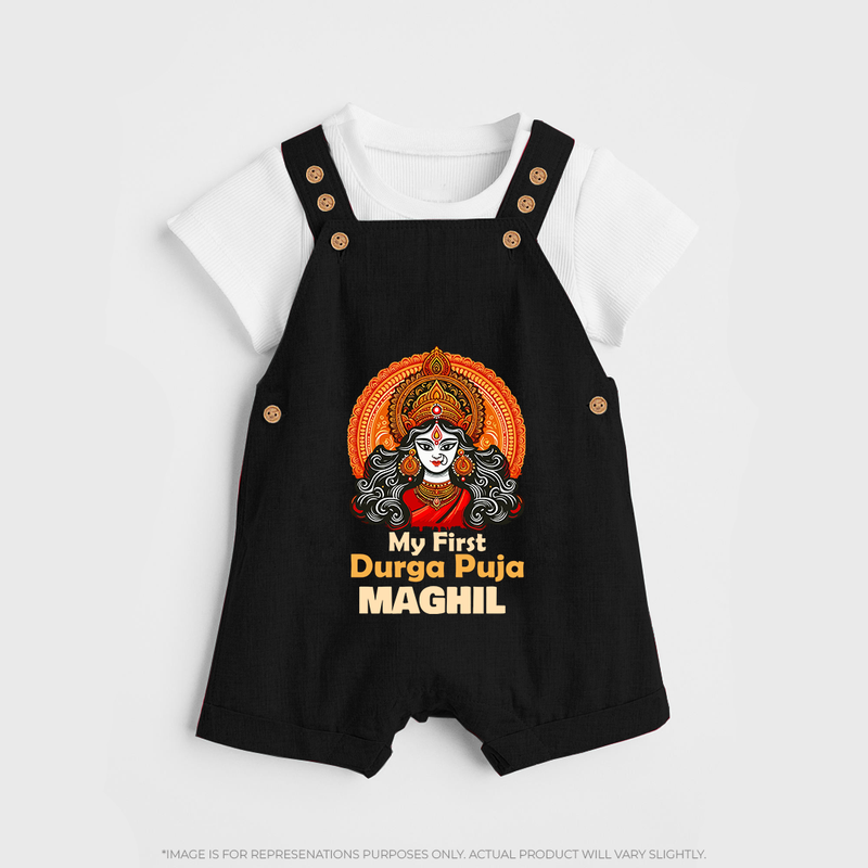 My First Durga Puja Dungaree Set | Personalized Baby Dungaree Set for Navratri - BLACK - 0 - 5 Months Old (Chest 18")