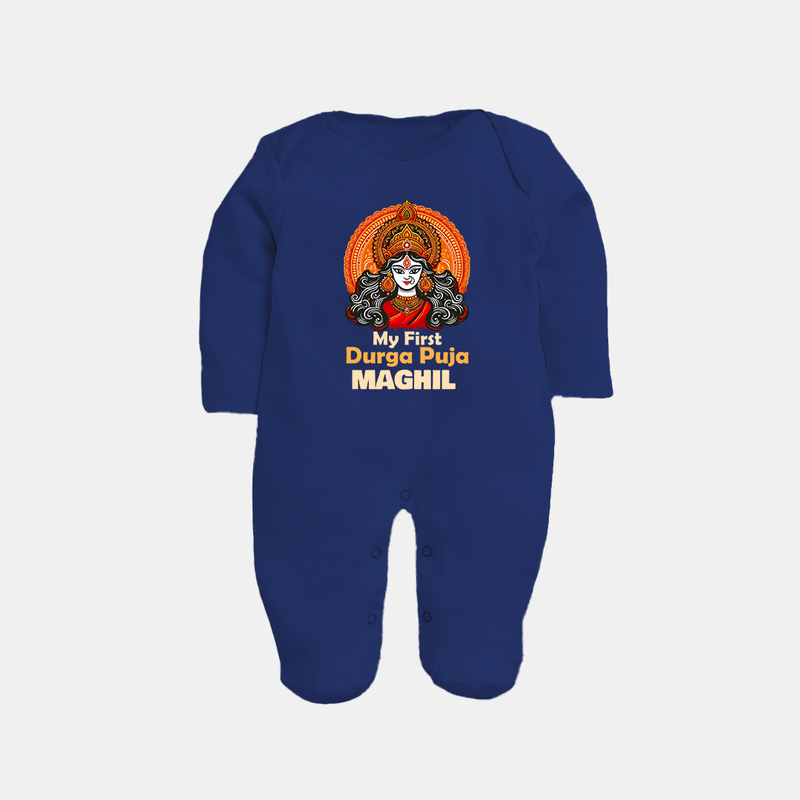 My First Durga Puja Sleep Suit | Personalized Baby Sleep Suit for Navratri - NAVY BLUE - New Born (Chest 7.5")