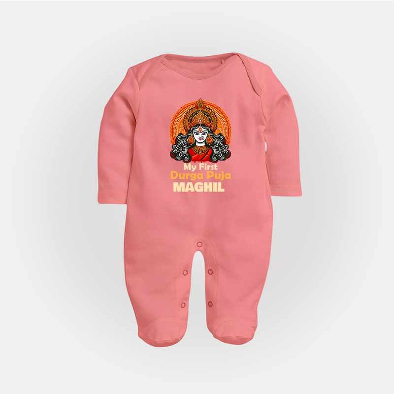My First Durga Puja Sleep Suit | Personalized Baby Sleep Suit for Navratri - PEACH - New Born (Chest 7.5")