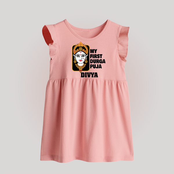 My First Durga Puja Traditional Face Art Baby Frock - BABY PINK - 0 - 3 Months Old (Chest 17")