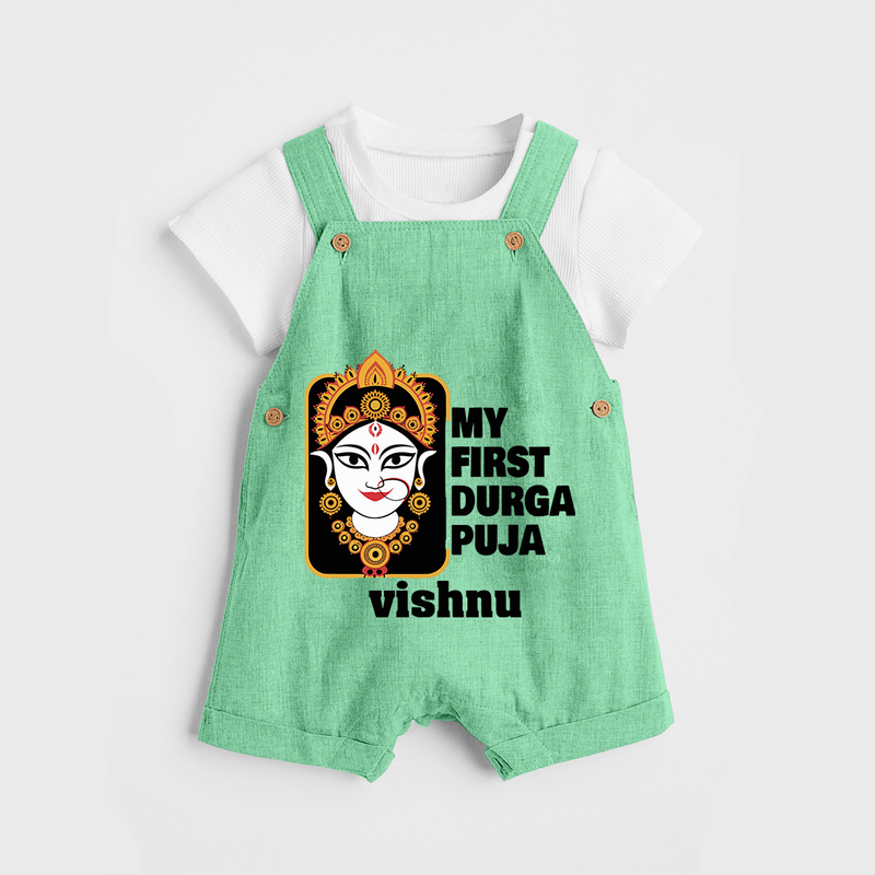 My First Navratri Dungaree Set | Custom Baby Dungaree Set for Durga Puja Festivities - GREEN - 0 - 5 Months Old (Chest 18")