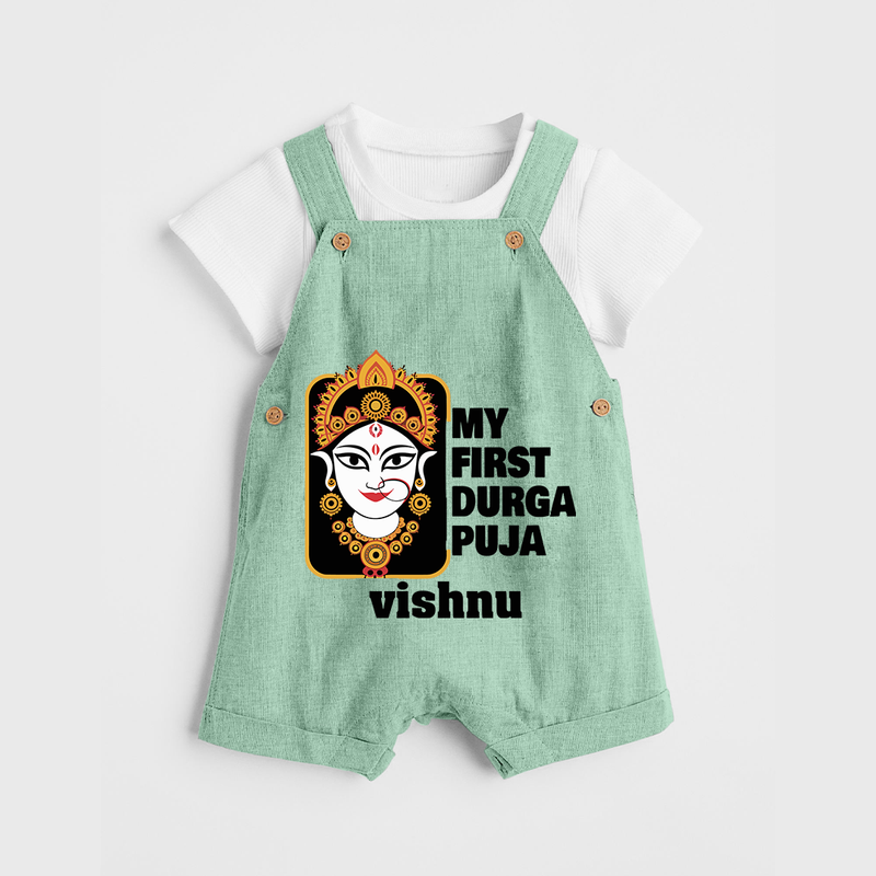 My First Navratri Dungaree Set | Custom Baby Dungaree Set for Durga Puja Festivities - MINT GREEN - 0 - 5 Months Old (Chest 18")