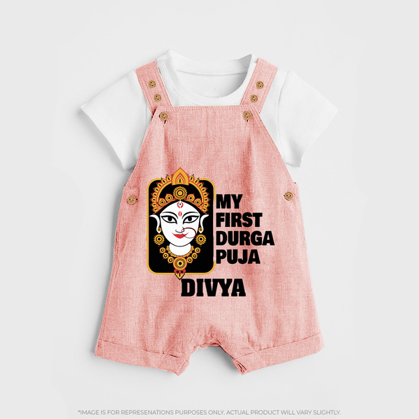 My First Durga Puja Traditional Face Art Dungaree - PEACH - 0 - 5 Months Old (Chest 18")