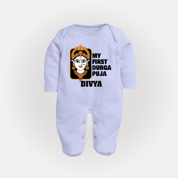 My First Durga Puja Traditional Face Art Full Body Suit - BABY BLUE - New Born (Chest 7.5")