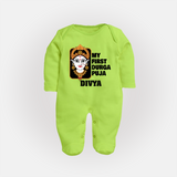 My First Durga Puja Traditional Face Art Full Body Suit - LIME GREEN - New Born (Chest 7.5")