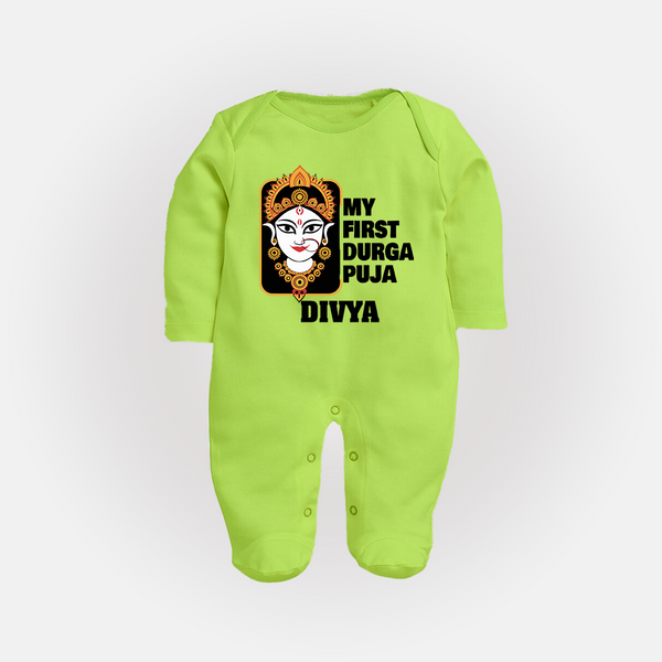 My First Durga Puja Traditional Face Art Full Body Suit - LIME GREEN - New Born (Chest 7.5")