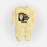 My First Durga Puja Traditional Face Art Full Body Suit - PASTEL YELLOW - New Born (Chest 7.5")