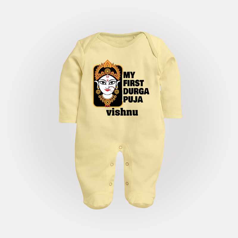 My First Navratri Sleep Suit | Custom Baby Sleep Suit for Durga Puja Festivities - PASTEL YELLOW - New Born (Chest 7.5")