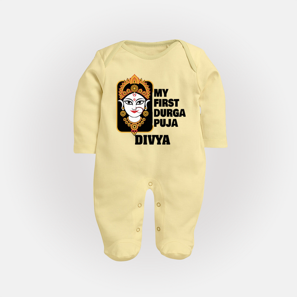 My First Durga Puja Traditional Face Art Full Body Suit - PASTEL YELLOW - New Born (Chest 7.5")