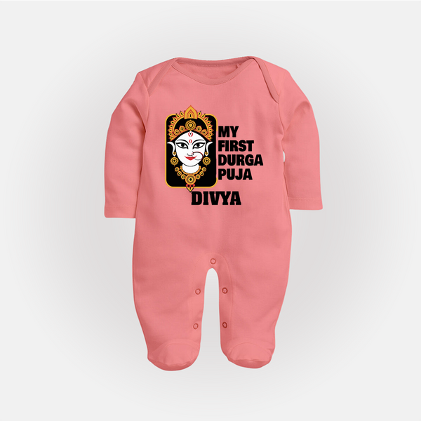 My First Durga Puja Traditional Face Art Full Body Suit - PEACH - New Born (Chest 7.5")