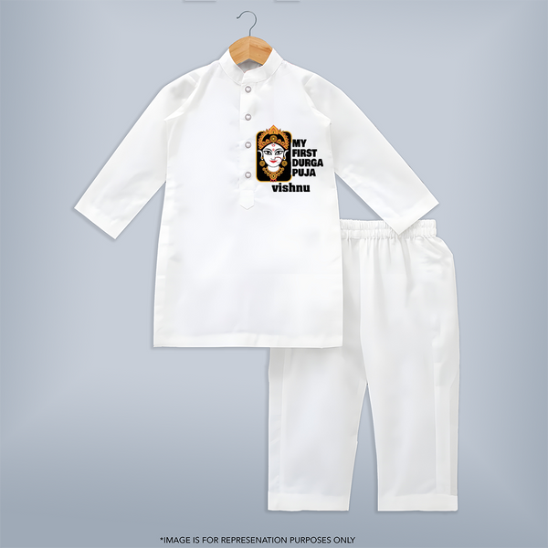 My First Navratri Kurta Set | Custom Baby Kurta Set for Durga Puja Festivities - WHITE - 3 - 6 Months Old (Chest 24", Kurta Length 14'', Waist 19", Pant Length 14")