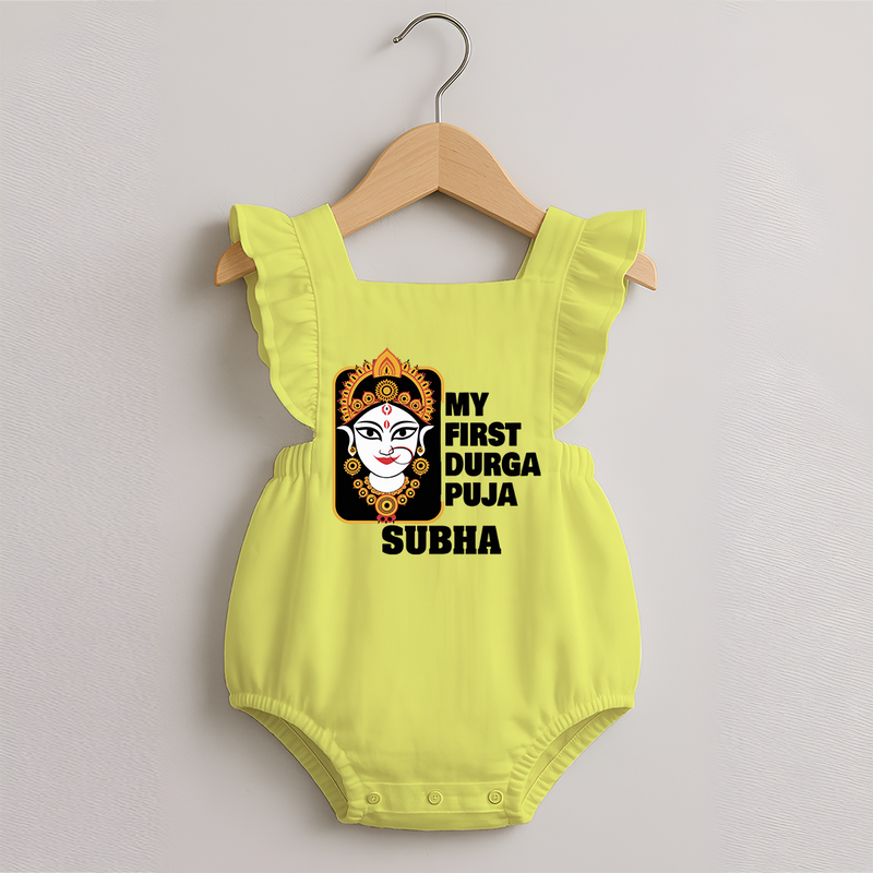 My First Navratri Romper Frock | Custom Baby Romper Frock for Durga Puja Festivities - PASTEL YELLOW - 0 - 3 Months Old (Chest 19")