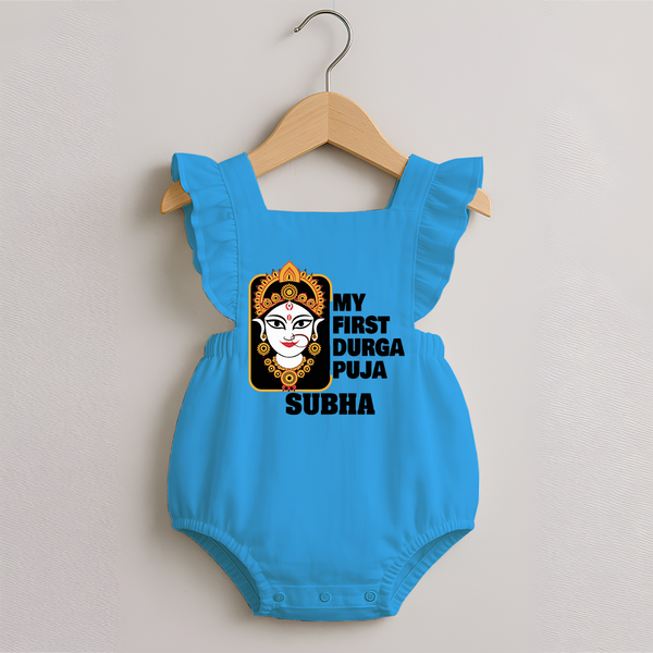 My First Navratri Romper Frock | Custom Baby Romper Frock for Durga Puja Festivities - SKY BLUE - 0 - 3 Months Old (Chest 19")