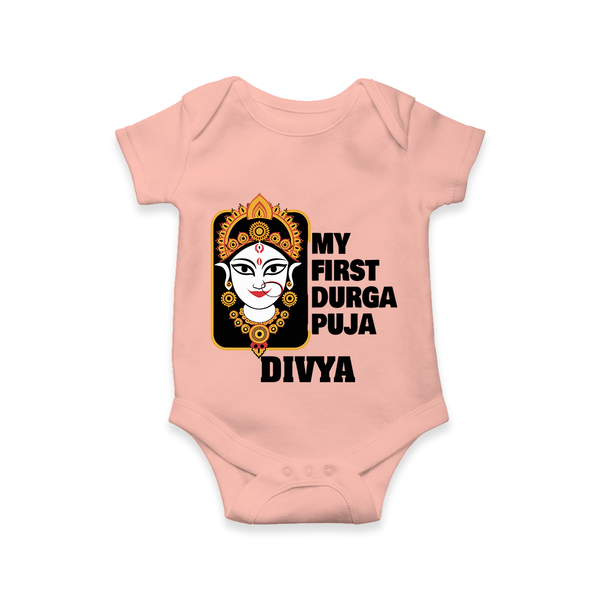 My First Durga Puja Traditional Face Art Romper - PEACH - New Born (Chest 14")