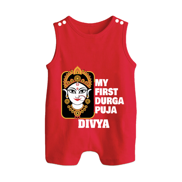 My First Durga Puja Traditional Face Art Button Romper - RED - New Born (Chest 18")