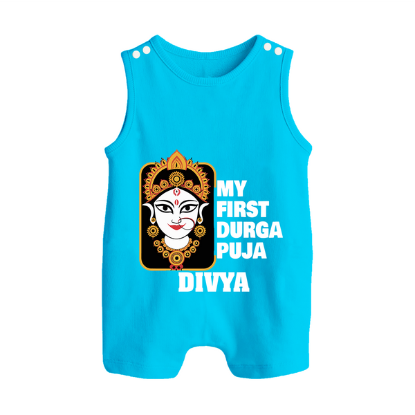 My First Durga Puja Traditional Face Art Button Romper - SKY BLUE - New Born (Chest 18")