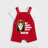 My First Navratri Dungaree Set | Custom Baby Dungaree Set for Durga Puja Festivities - RED - 0 - 5 Months Old (Chest 18")