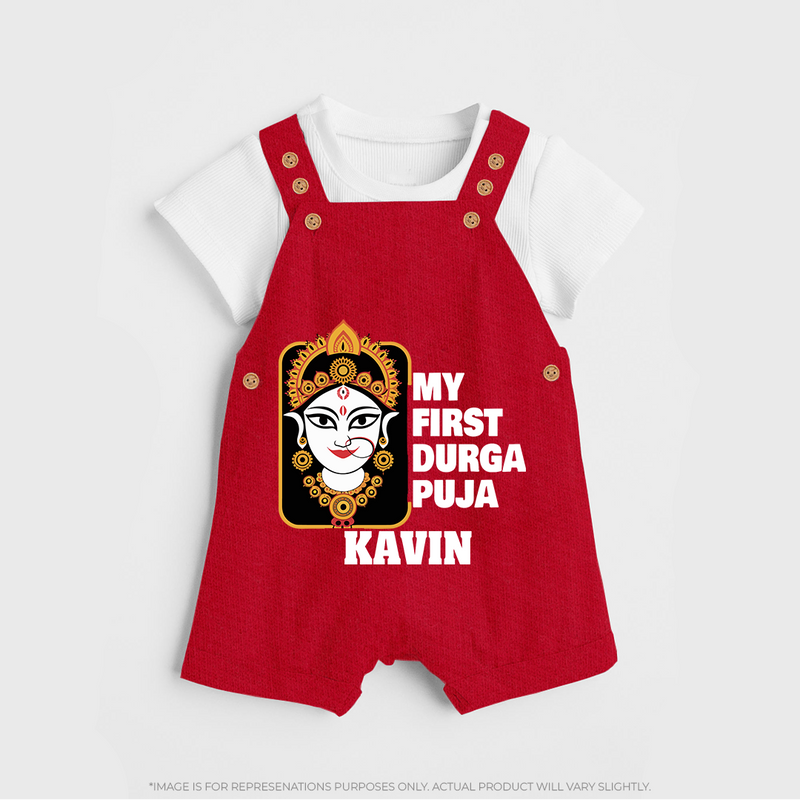 My First Navratri Dungaree Set | Custom Baby Dungaree Set for Durga Puja Festivities - RED - 0 - 5 Months Old (Chest 18")