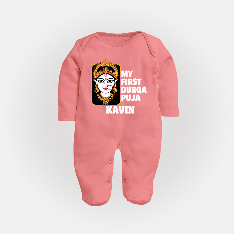 My First Navratri Sleep Suit | Custom Baby Sleep Suit for Durga Puja Festivities - PEACH - New Born (Chest 7.5")