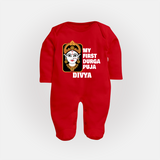 My First Durga Puja Traditional Face Art Full Body Suit - RED - New Born (Chest 7.5")