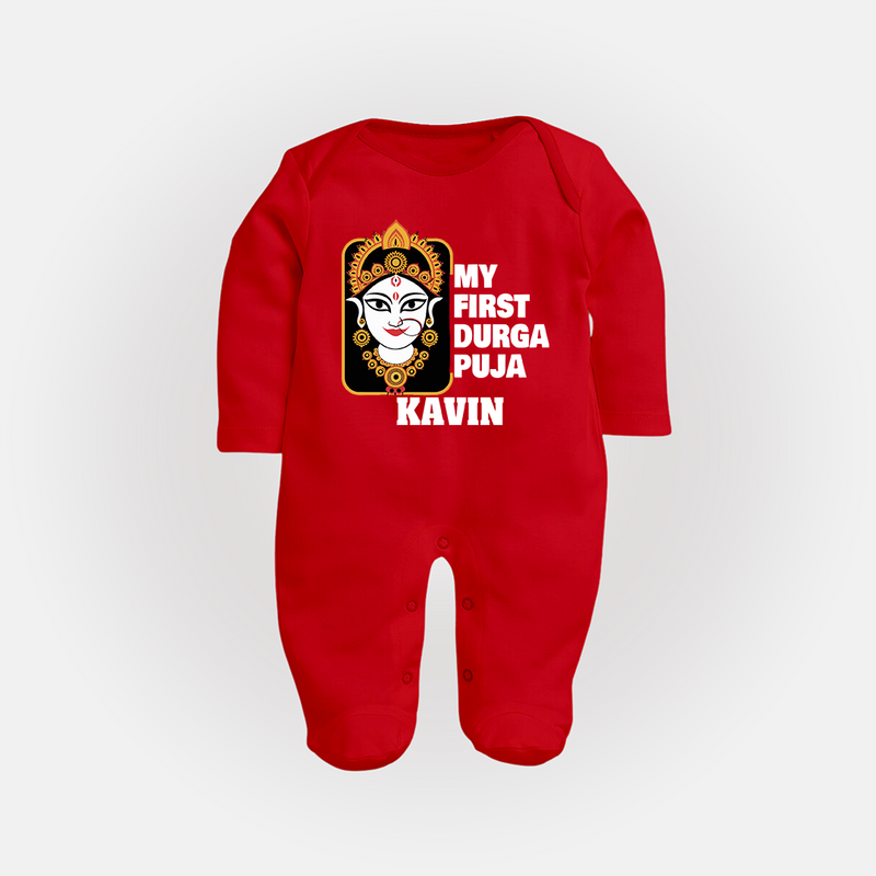 My First Navratri Sleep Suit | Custom Baby Sleep Suit for Durga Puja Festivities - RED - New Born (Chest 7.5")