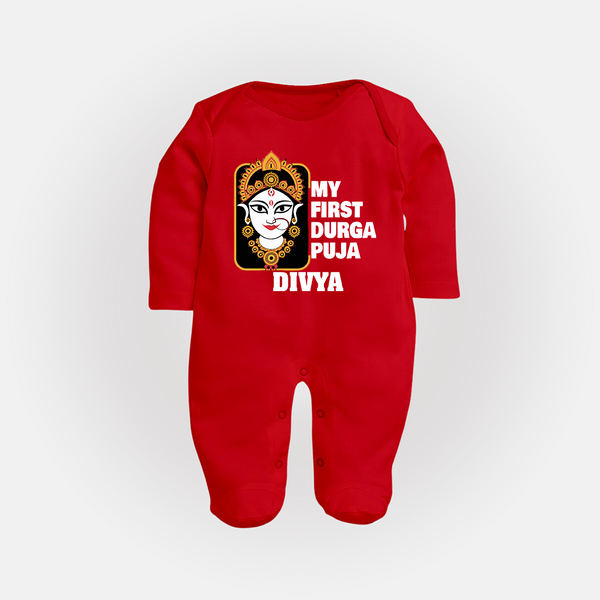My First Durga Puja Traditional Face Art Full Body Suit - RED - New Born (Chest 7.5")