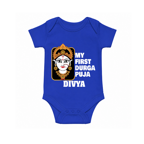 My First Durga Puja Traditional Face Art Romper - COBALT BLUE - New Born (Chest 14")