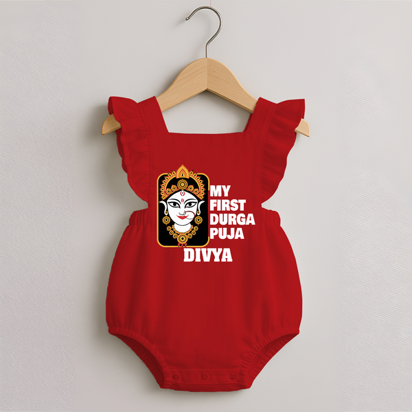 My First Durga Puja Traditional Face Art Romper Frock - RED - 0 - 3 Months Old (Chest 19")
