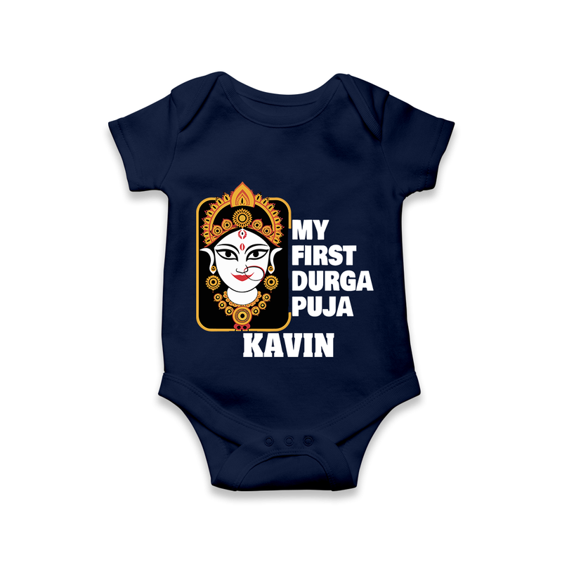 My First Navratri Romper | Custom Baby Romper for Durga Puja Festivities - NAVY BLUE - New Born (Chest 14")