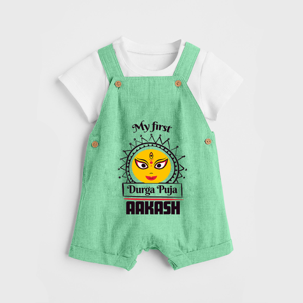 Baby's First Durga Puja Dungaree Set | Custom Dungaree Set for Little Devotees - GREEN - 0 - 5 Months Old (Chest 18")