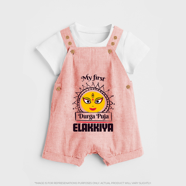 My First Durga Puja Elegant Goddess Illustration Dungaree - PEACH - 0 - 5 Months Old (Chest 18")