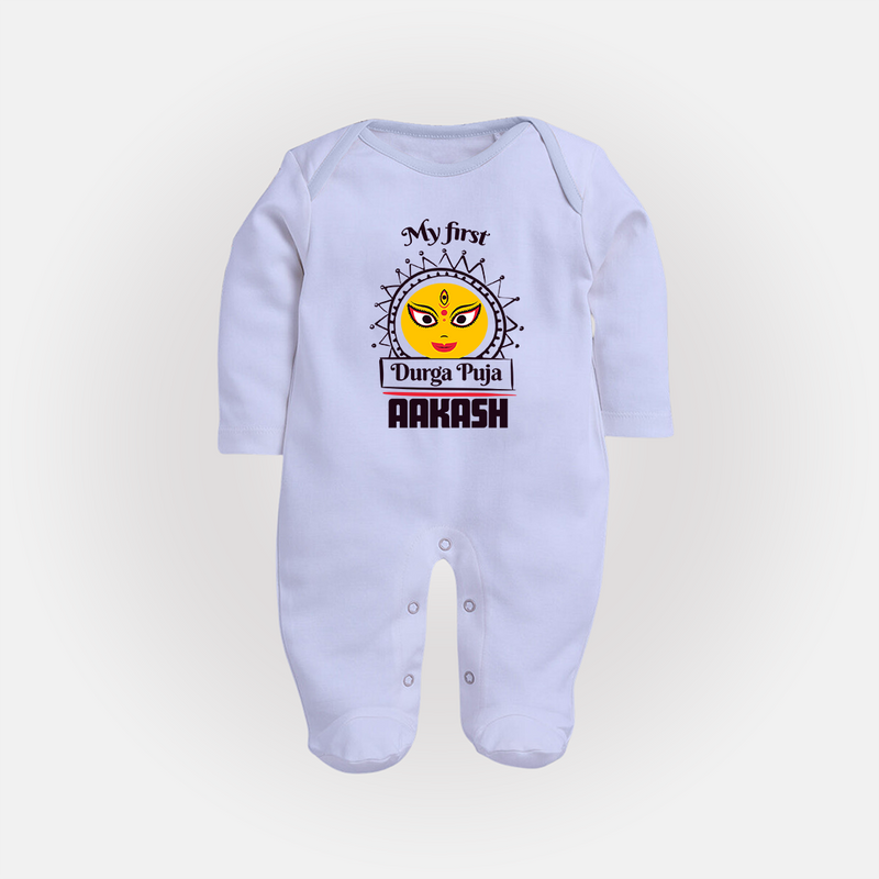 Baby's First Durga Puja Sleep Suit | Custom Sleep Suit for Little Devotees - BABY BLUE - New Born (Chest 7.5")