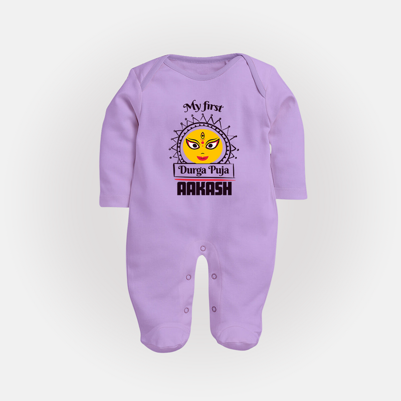 Baby's First Durga Puja Sleep Suit | Custom Sleep Suit for Little Devotees - LILAC - New Born (Chest 7.5")