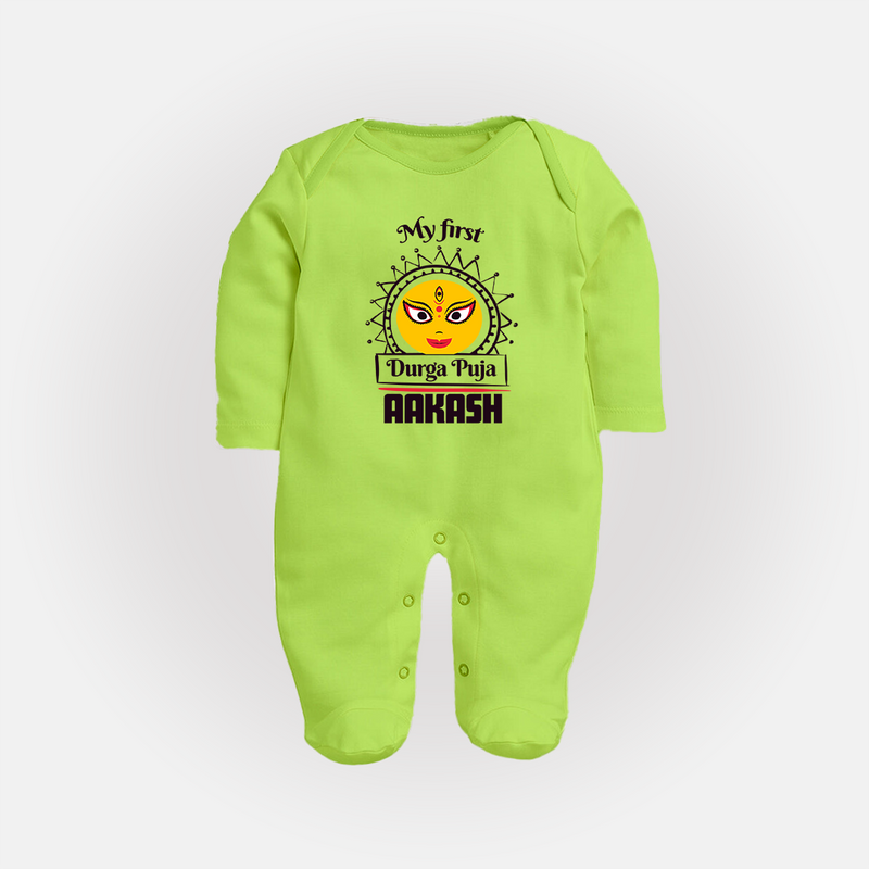 Baby's First Durga Puja Sleep Suit | Custom Sleep Suit for Little Devotees - LIME GREEN - New Born (Chest 7.5")
