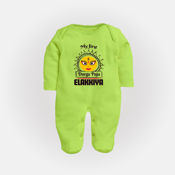 My First Durga Puja Elegant Goddess Illustration Full Body Suit - LIME GREEN - New Born (Chest 7.5")