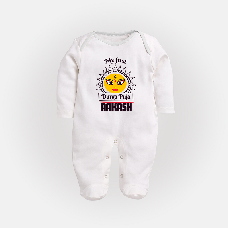 Baby's First Durga Puja Sleep Suit | Custom Sleep Suit for Little Devotees - WHITE - New Born (Chest 7.5")