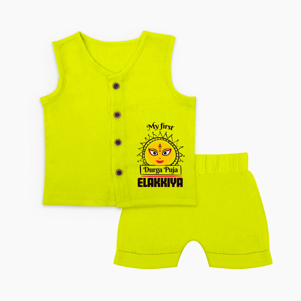 My First Durga Puja Elegant Goddess Illustration Jabla Set - LIME GREEN - 0 - 3 Months Old (Chest 9.8")