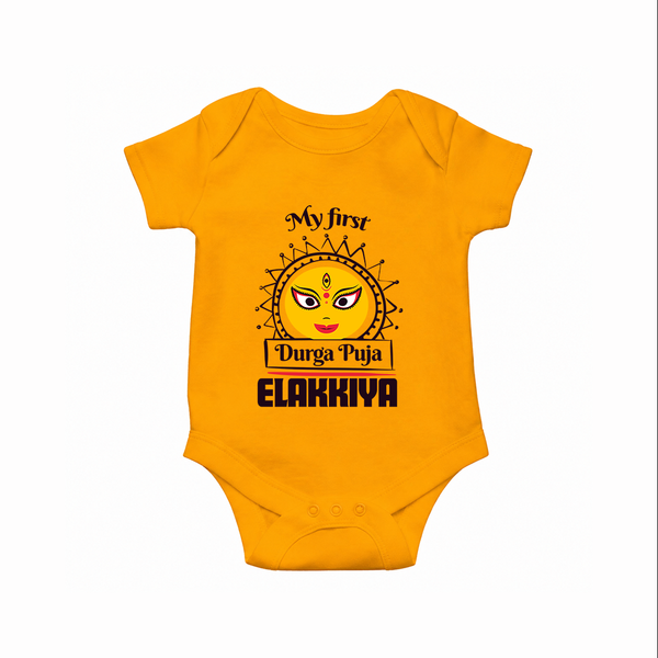 My First Durga Puja Elegant Goddess Illustration Romper - CHROME YELLOW - New Born (Chest 14")