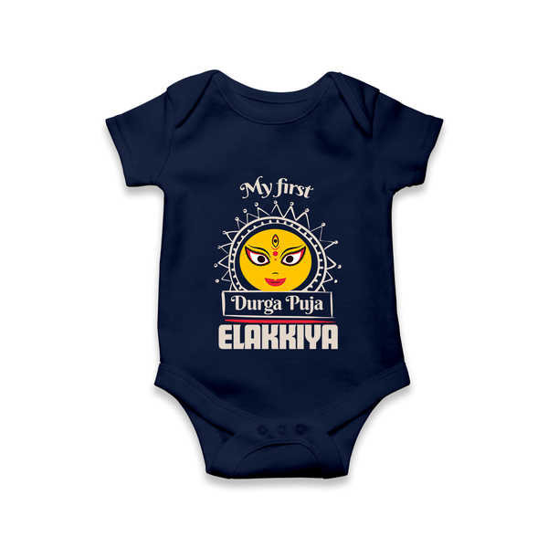 My First Durga Puja Elegant Goddess Illustration Romper - NAVY BLUE - New Born (Chest 14")