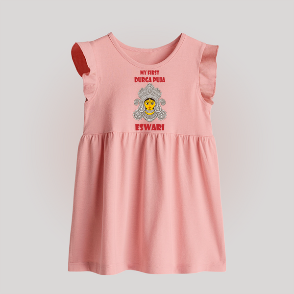 My First Durga Puja Classic Devi Portrait Baby Frock - BABY PINK - 0 - 3 Months Old (Chest 17")