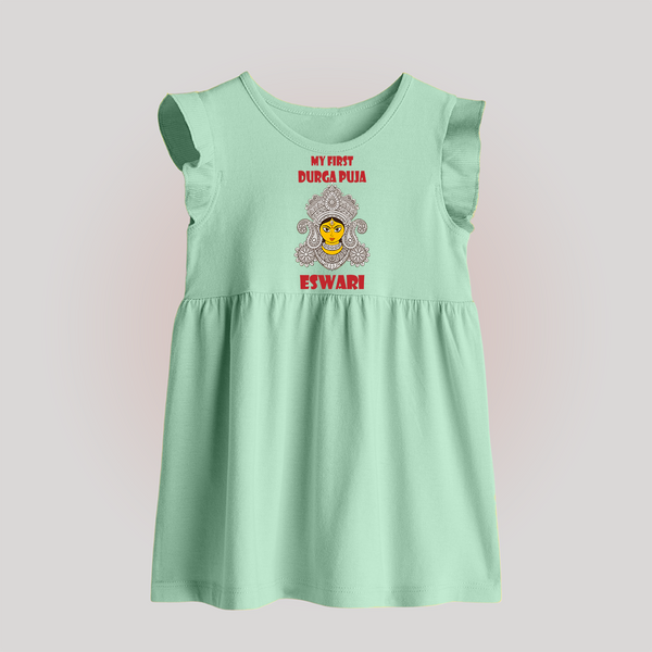 My First Durga Puja Classic Devi Portrait Baby Frock - MINT GREEN - 0 - 3 Months Old (Chest 17")