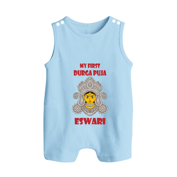 My First Durga Puja Classic Devi Portrait Button Romper - BABY BLUE - New Born (Chest 18")