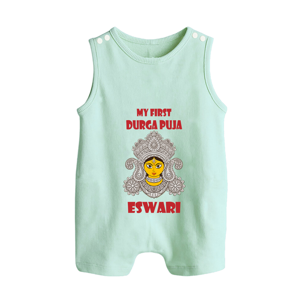 My First Durga Puja Classic Devi Portrait Button Romper - MINT GREEN - New Born (Chest 18")