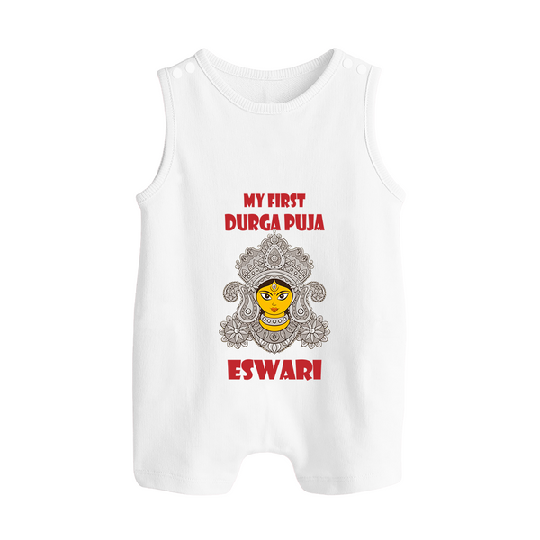 My First Durga Puja Classic Devi Portrait Button Romper - WHITE - New Born (Chest 18")