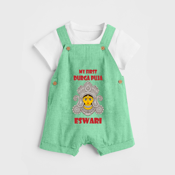 My First Durga Puja Classic Devi Portrait Dungaree - GREEN - 0 - 5 Months Old (Chest 18")