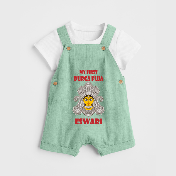 My First Durga Puja Classic Devi Portrait Dungaree - MINT GREEN - 0 - 5 Months Old (Chest 18")